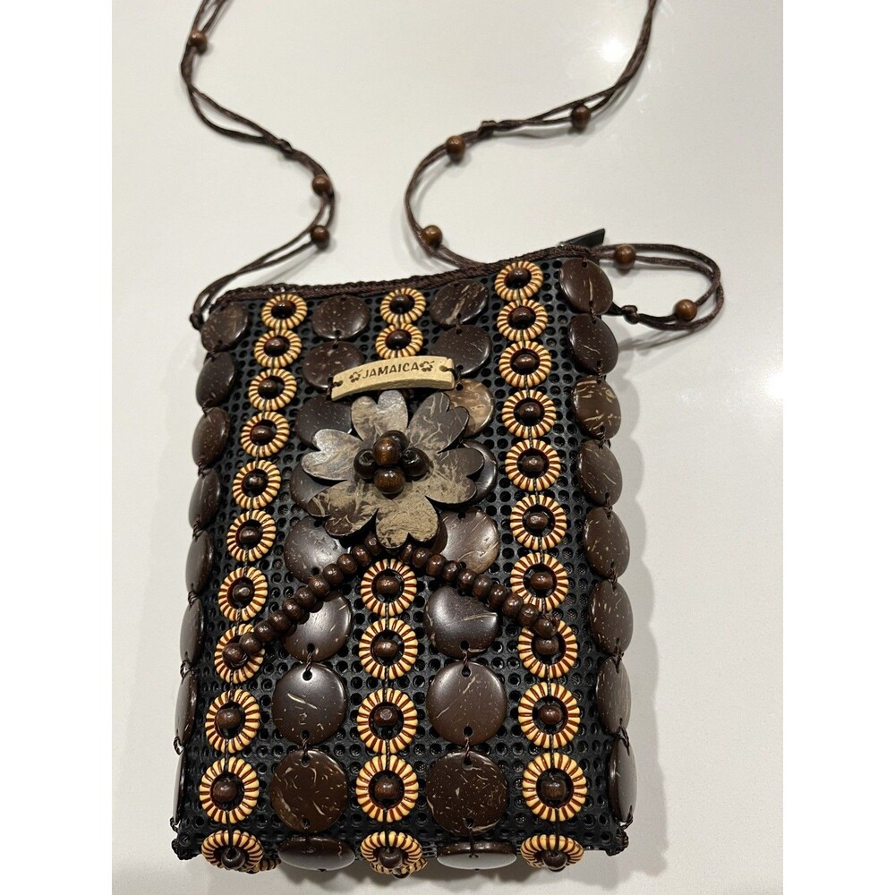 Vintage Jamaica Handmade Coconut Shell Beaded Crossbody Purse Boho Bag